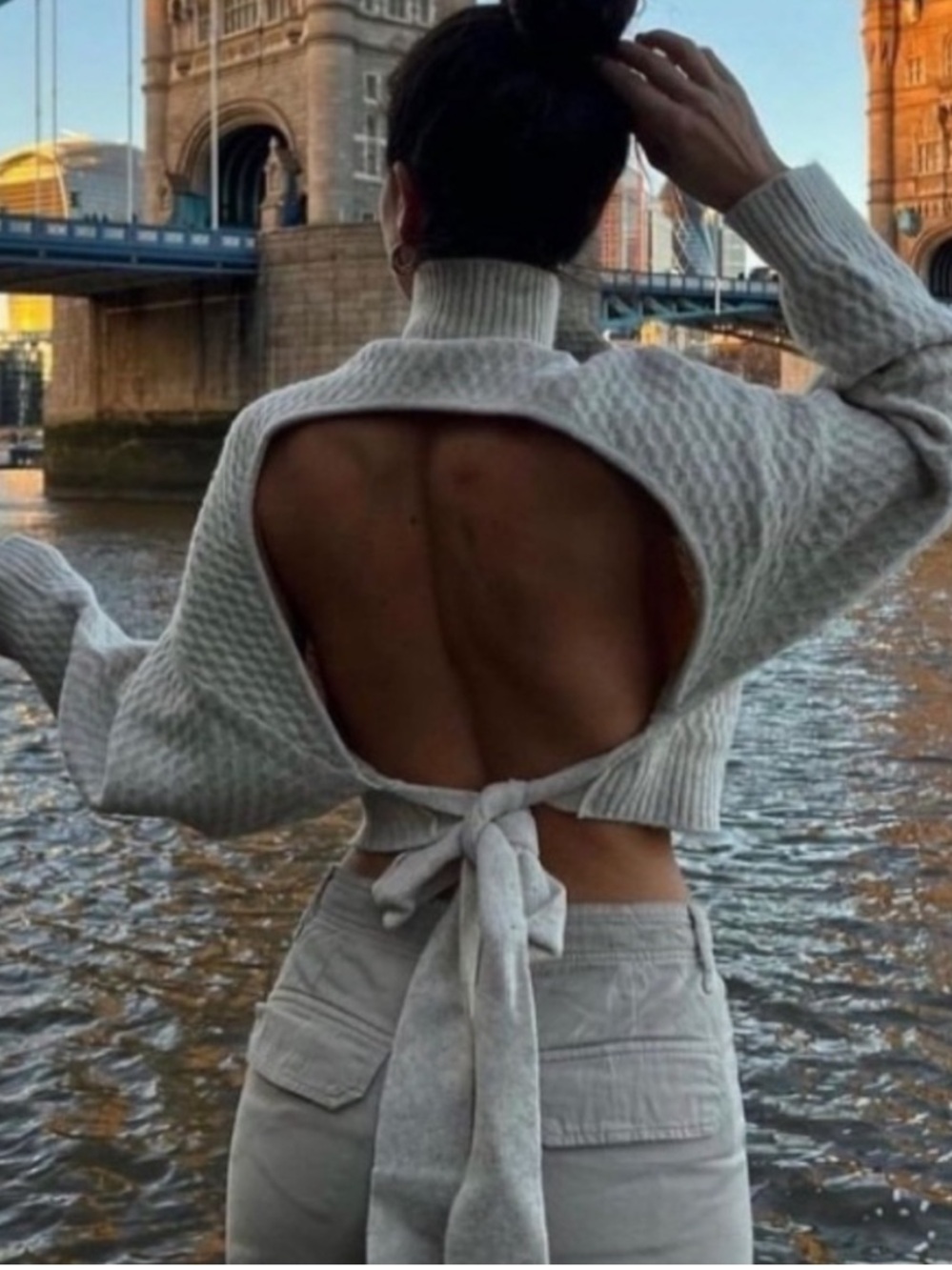 ZARA Cream Textured Knit Turtleneck Tie Open Back Cropped Sweater